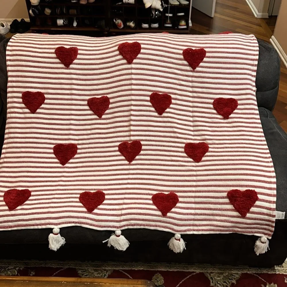 cupcakes and cashmere White Red Tufted Hearts Striped Tasseled Throw
